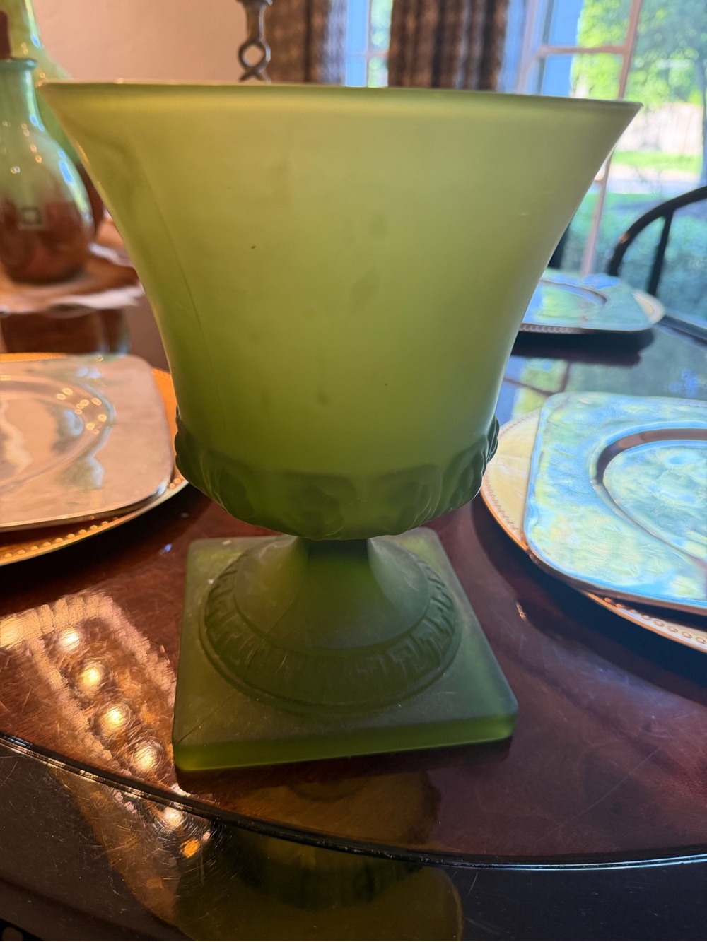 Green Frosted Glass Urn Vase vintage